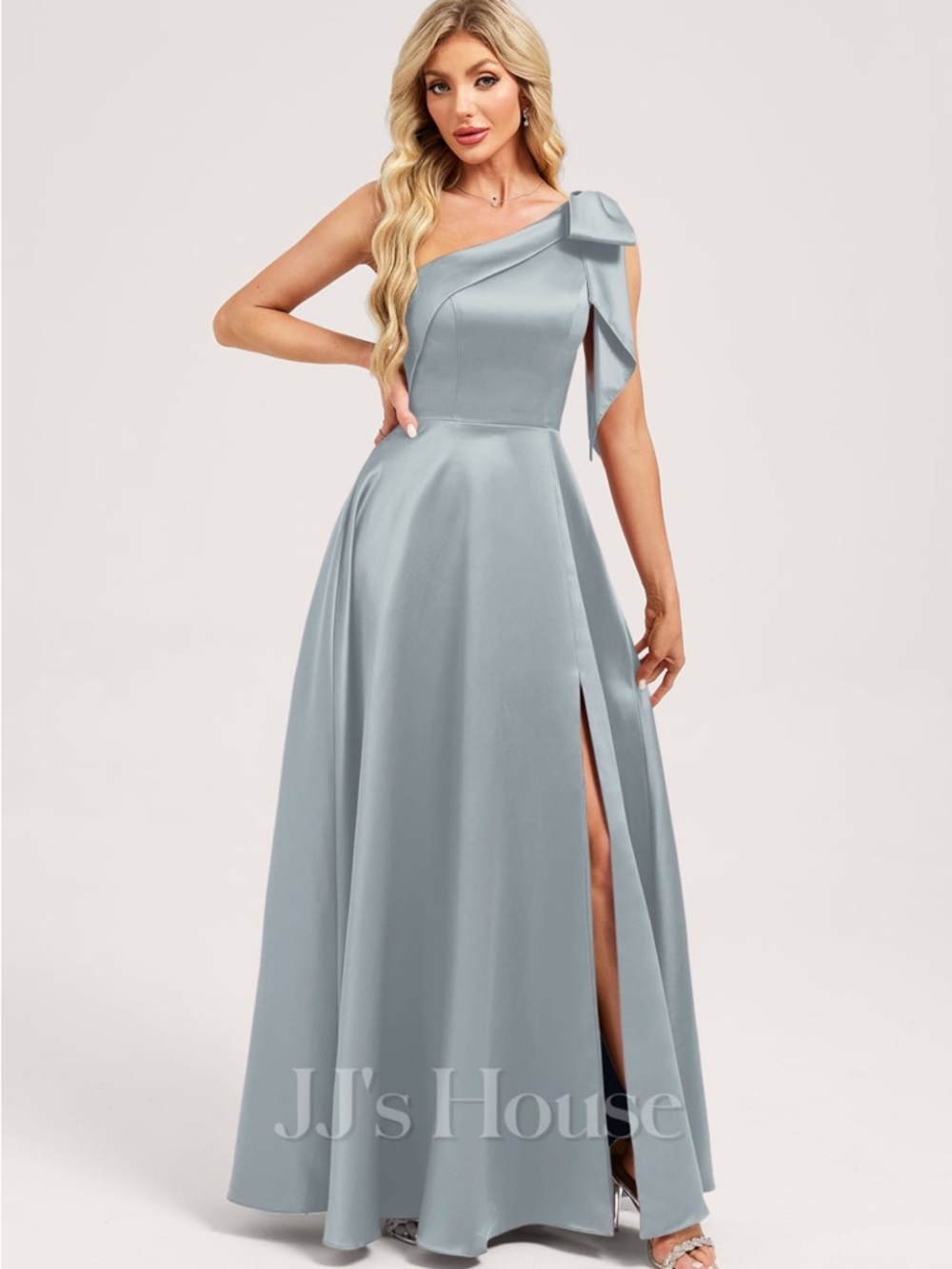 JJs House One-Shoulder Light Blue Satin Evening Gown